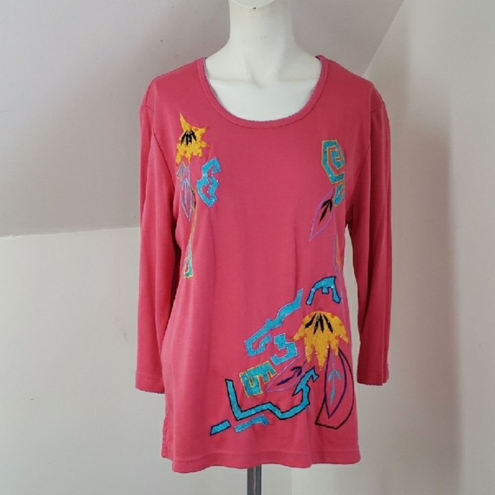 Indigo Moon Pink Women's Top with Floral Design Scoop Neck and 3/4 Sleeve, Sz M